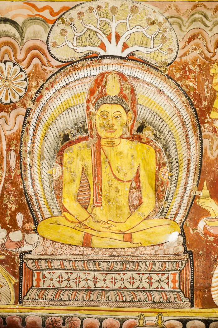 Ancient temple mural showing Lord Buddha in meditation posture under a sacred tree in ochre and rust tones. | PrintPosters.in